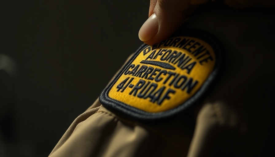 Sewing a California prison patch on a uniform, close-up detail.
