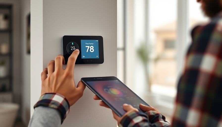 Person using tablet to control smart home thermostat.