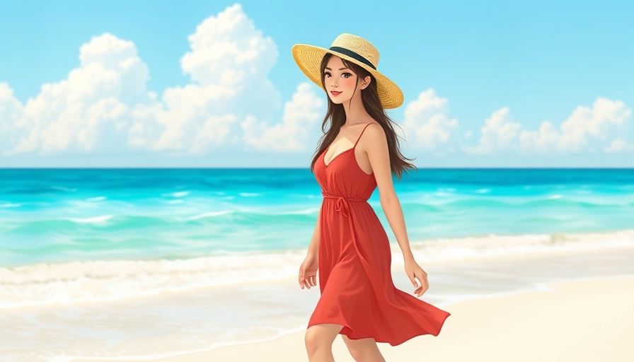 Serene woman in red dress enjoying a sober summer by the sea.