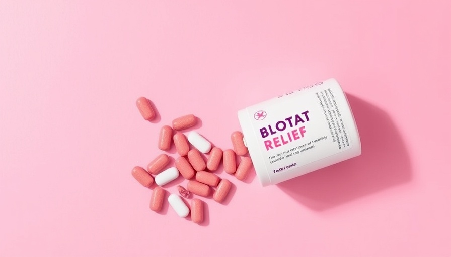 Bloating relief capsules and instructions against a pink background.