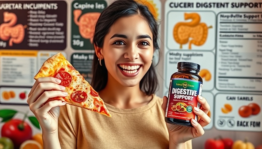 Best Morning Routine for Digestion: Woman with pizza slice and supplement.