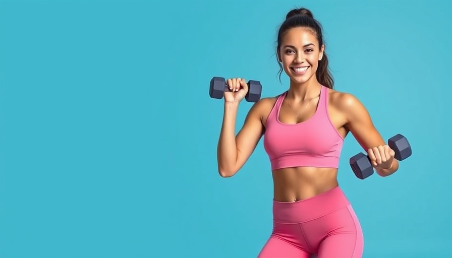 Woman with dumbbells promoting habit-building in fitness, smiling brightly.
