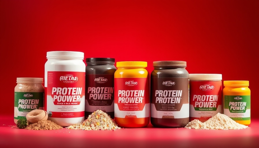 Assorted protein powders for weight loss on red background.