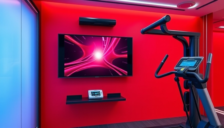 High-tech smart home gym system with a vibrant red background.