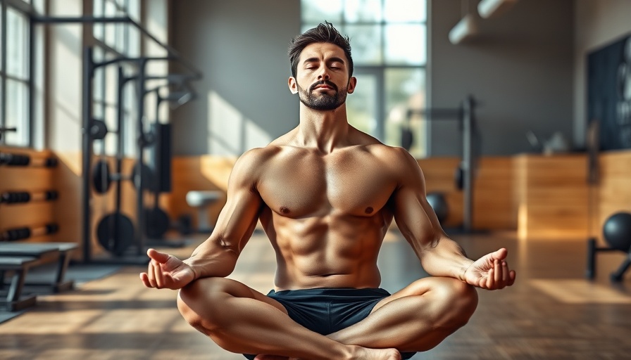 Fit man meditating in gym, wellness and fitness focus.