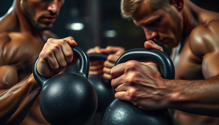 Focused athletes gripping kettlebells in a gym, showcasing strength.