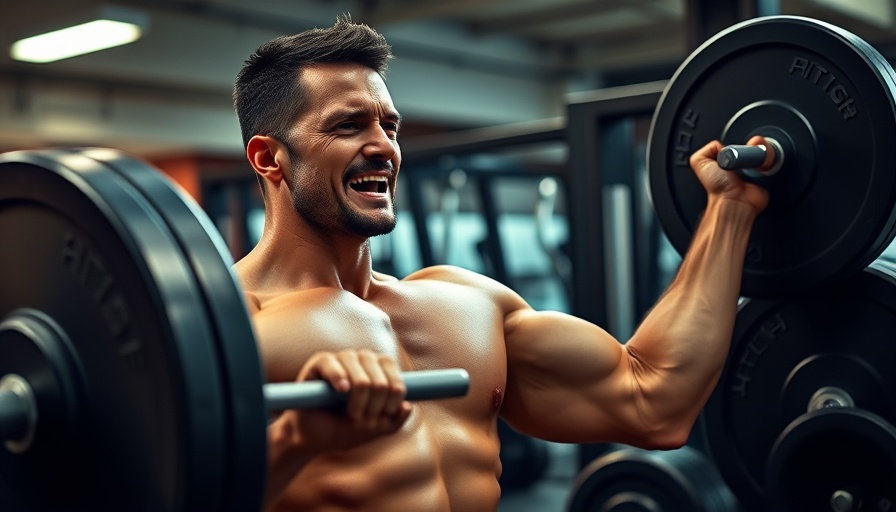 Muscular man in blue shirt lifting weights at gym for Hugh Jackman fitness.