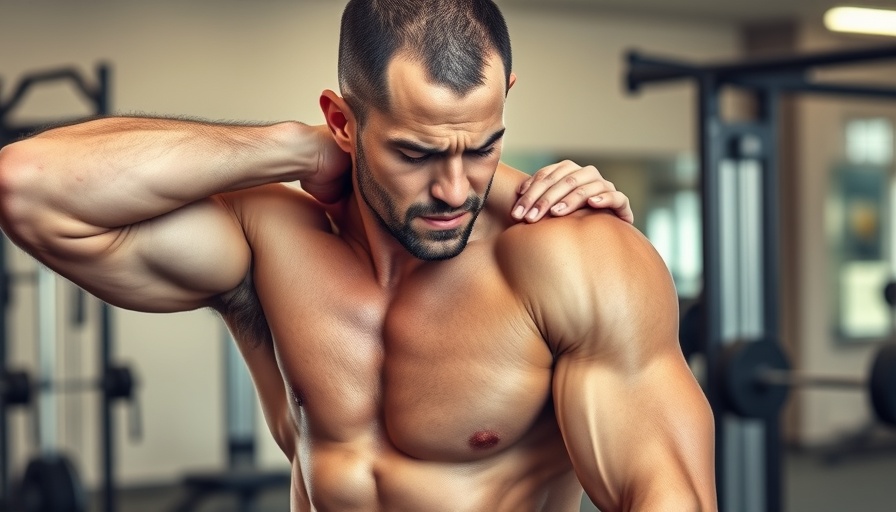 Muscular man experiencing shoulder pain, no pain no gain muscle growth concept.