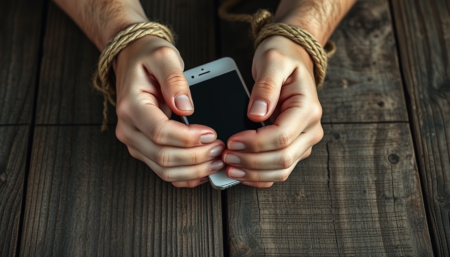 Hands tied with rope holding a smartphone, symbolizing smartphone addiction.