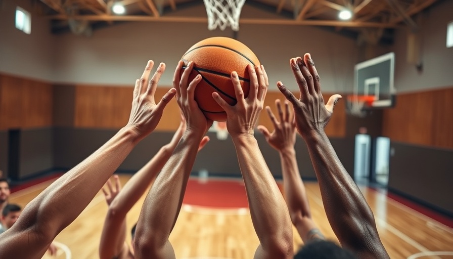 Dynamic basketball scene with players reaching for ball.