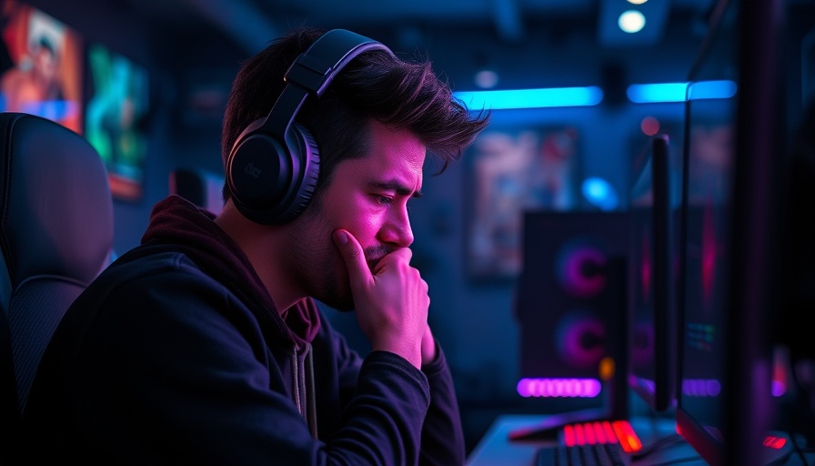 Stressed gamer at computer desk in dimly lit room.