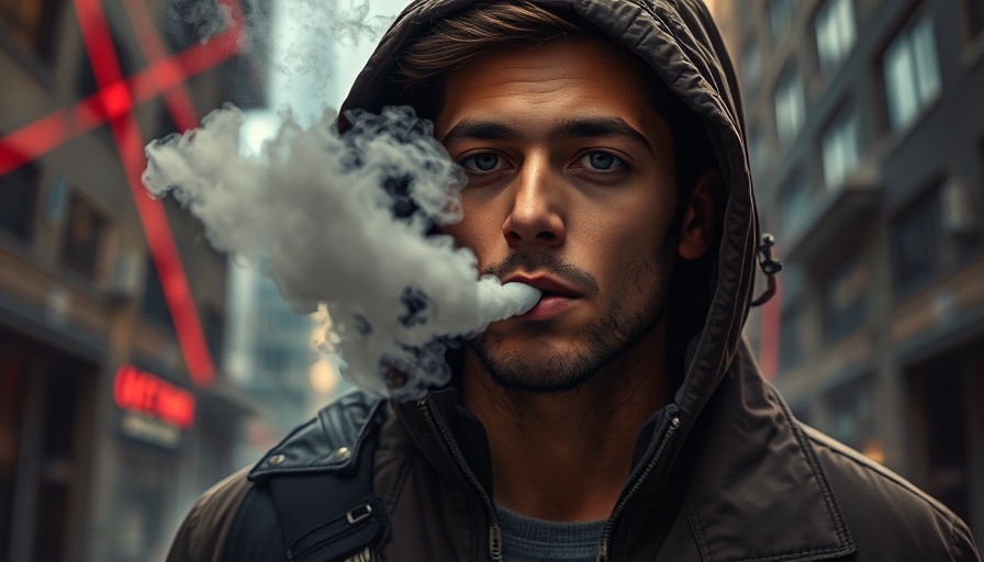 Young man vaping in an urban setting, highlighting health facts about vaping.