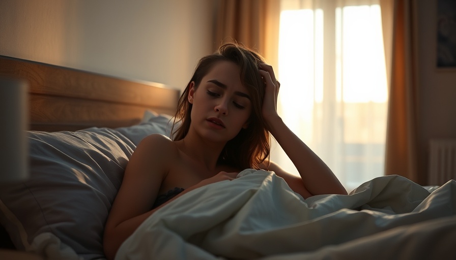 Restless young woman in bed coping with light sleep in a softly lit room.