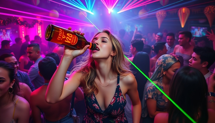 Woman energetically drinking from a bottle at a lively party, signs of too much drinking.
