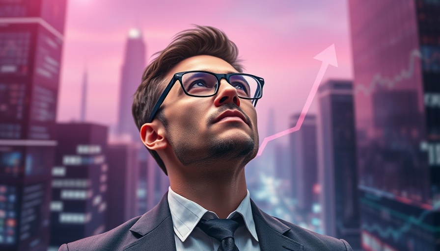 Confident businessman with growth symbols, sales enablement tools.
