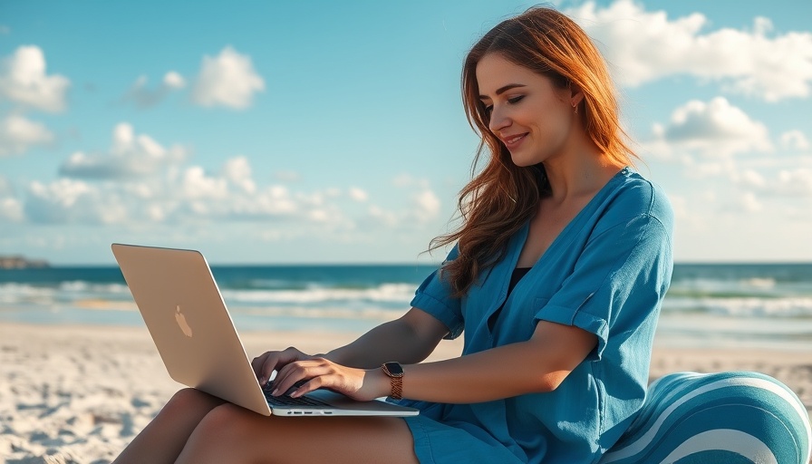 Triggered email: Woman working on a laptop by the beach.