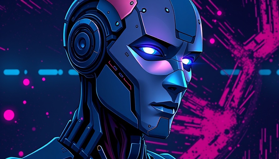 Futuristic android contemplating Interpretable AI in San Diego, neon colors.