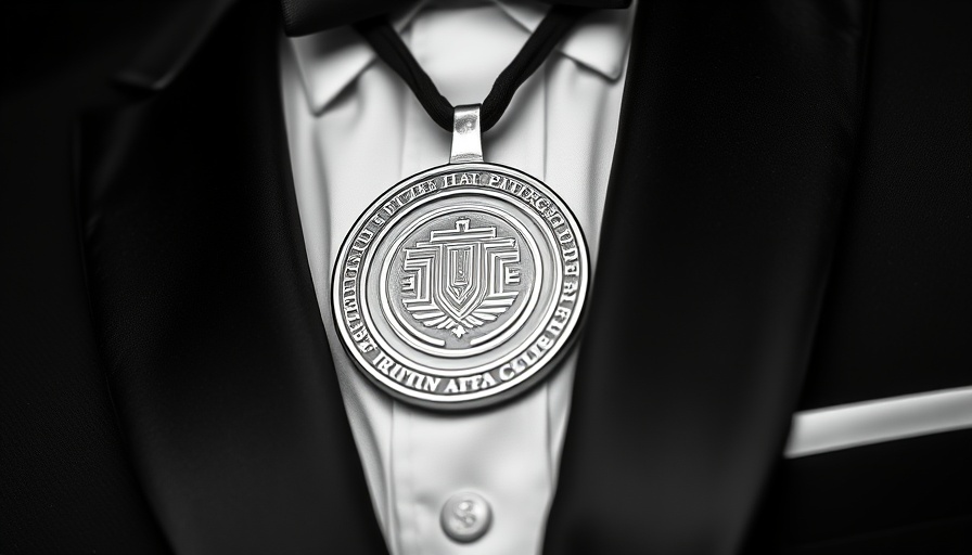 James Beard Award medal on tuxedo, symbolic of prestige, black and white.