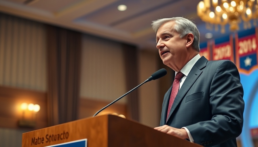 Middle-aged man speaking at a podium, Investing in Life conference.