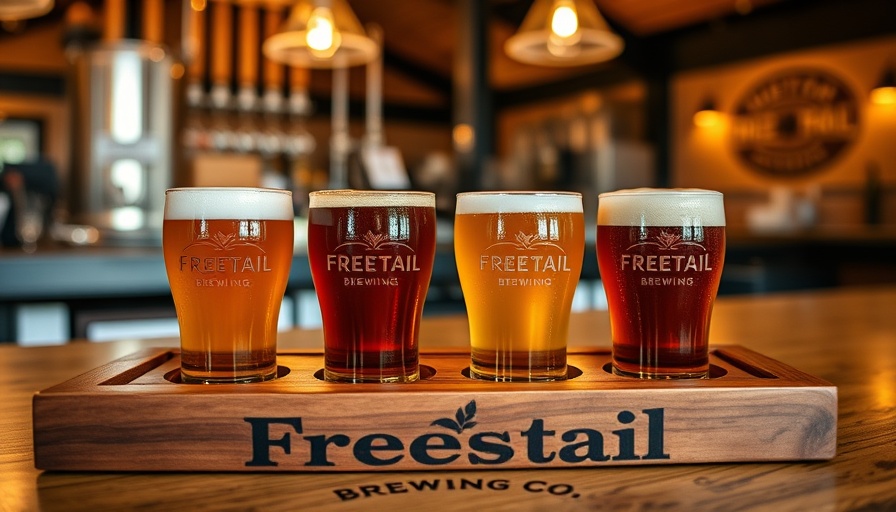 Freetail Brewing Co. beer tasting setup with glasses.