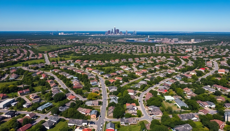 Aerial view showcasing San Antonio neighborhoods under clear blue skies.