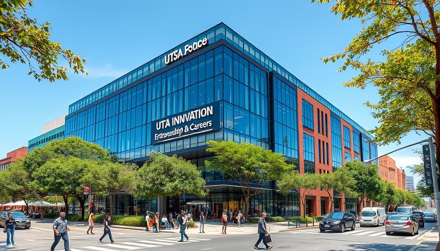 Aerial view of UTSA Innovation Entrepreneurship and Careers Building with green surroundings.