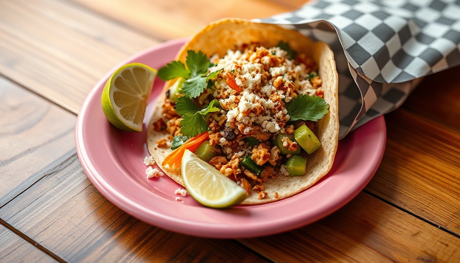 Vegan taco at San Antonio Plantaqueria on pink plate with lime wedge.