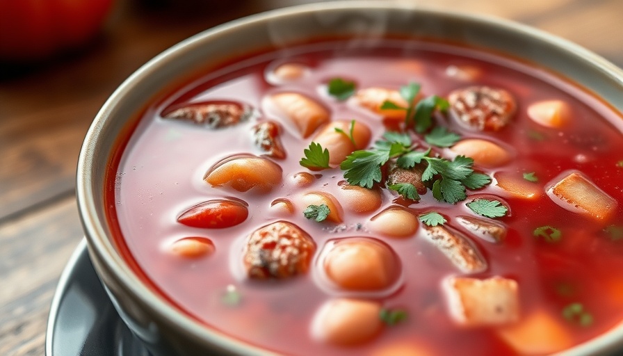 Aromatic bowl of Ukrainian borscht on wooden table.
