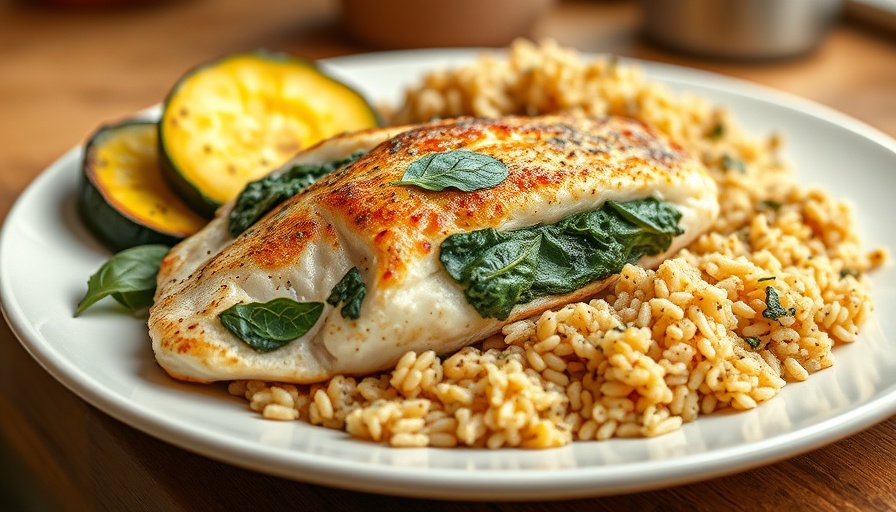 Spinach-stuffed flounder recipe with rice and zucchini on a plate.