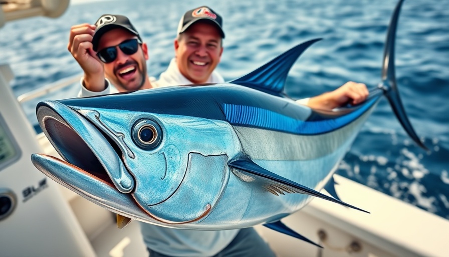 Angler with bluefin tuna on a boat in San Diego, clear skies.