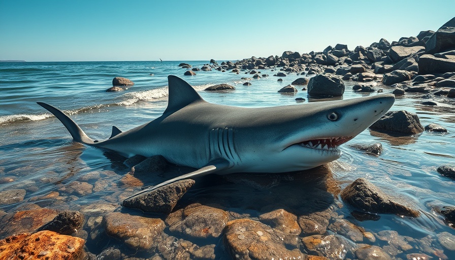 Thresher shark washed up in Jones Inlet, partially submerged on rocky shore.