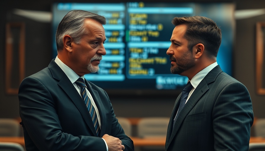Two men in suits in a formal setting discussing seriously.