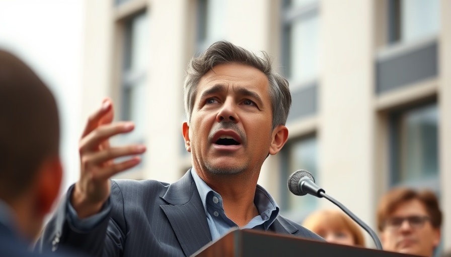 Confident man delivering a speech on politically motivated violence.