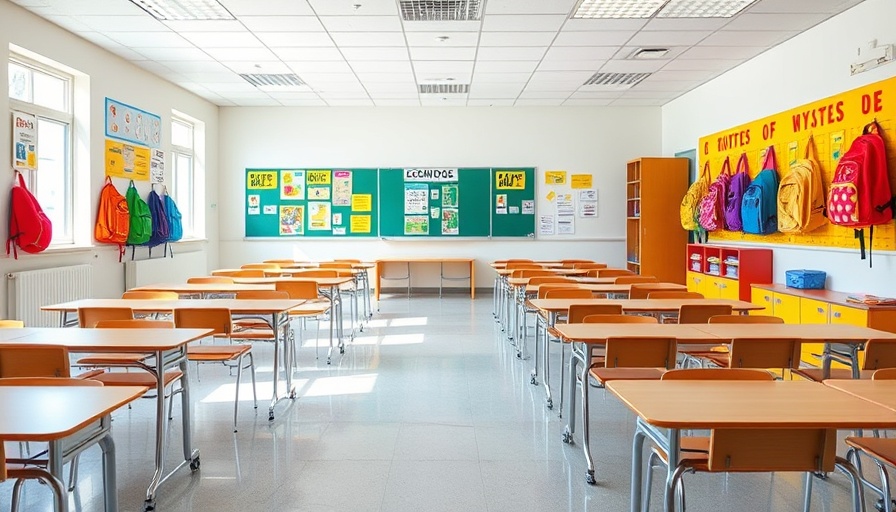 Elementary classroom with desks and backpacks, Comal ISD school funding.