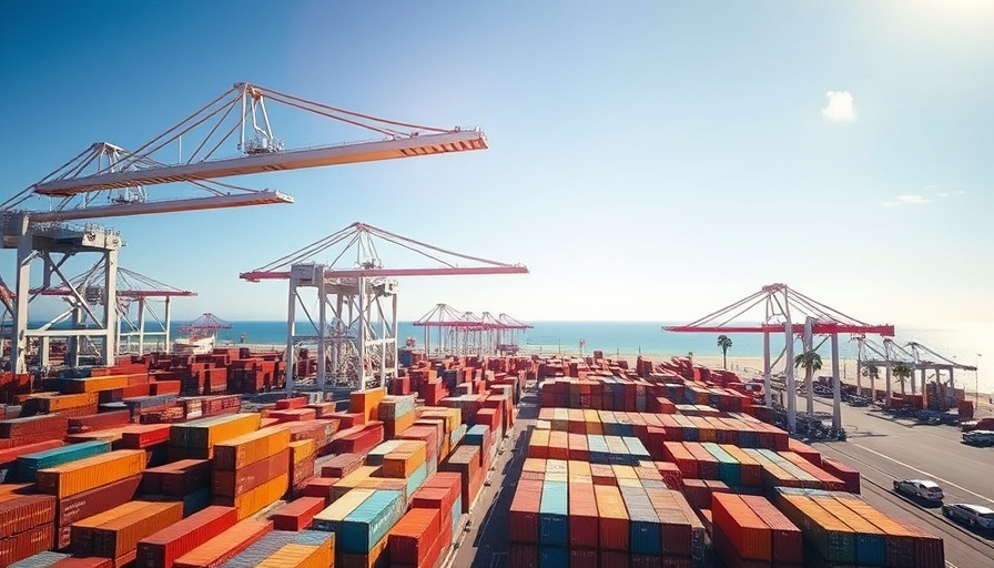 Long Beach Port cargo slump with rows of shipping containers under cranes.