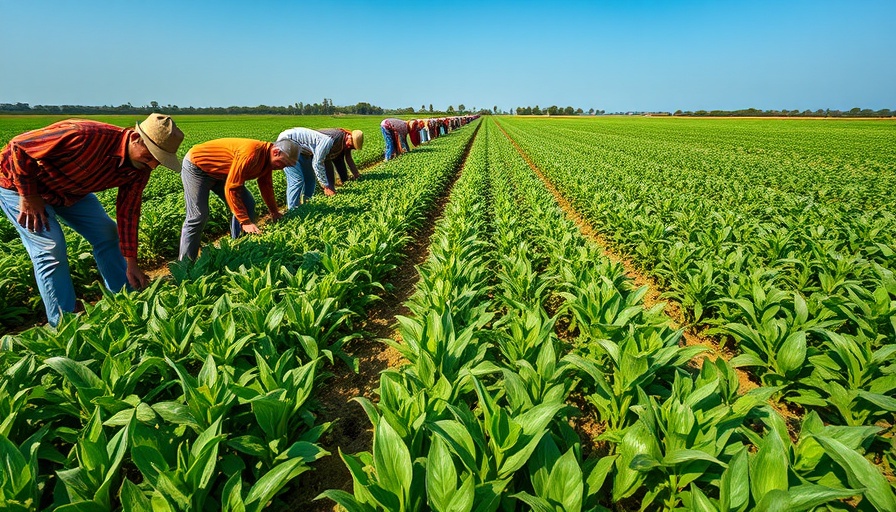 Farmworkers harvesting crops in green fields under blue sky