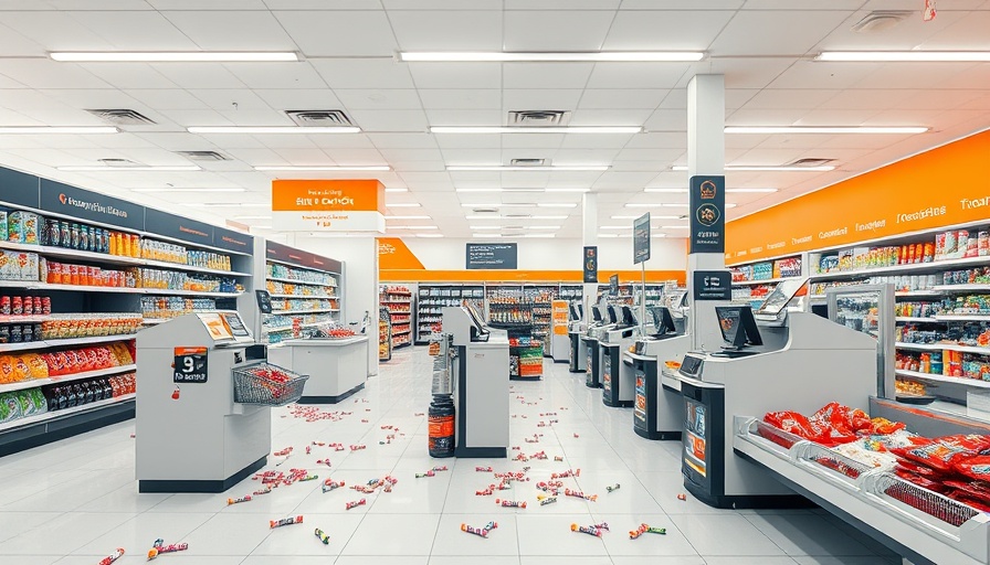 Self-checkout area at a supermarket showing staffing mandates.