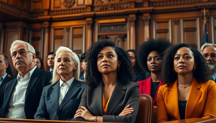 Diverse individuals in courtroom setting, focused on discussion.