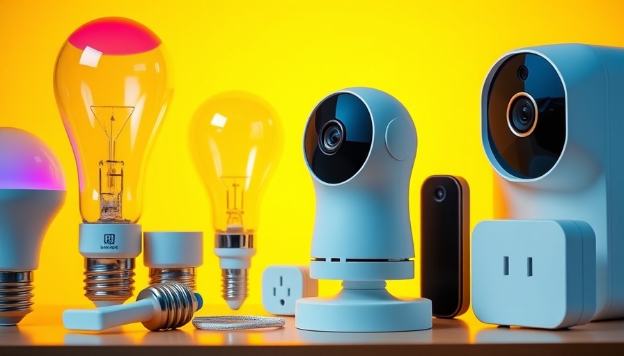 Collection of smart home devices with colorful bulbs and camera against yellow background.