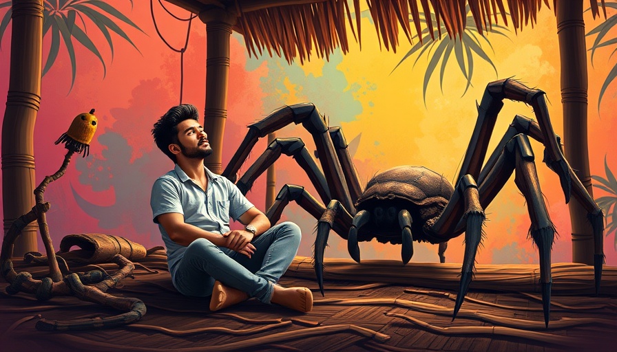 Coexist with Fear and Spiders: Man meditating next to spider in bamboo hut.
