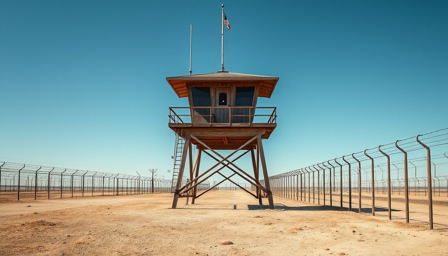 Stark prison watchtower under blue sky, California prisons hunger strike.