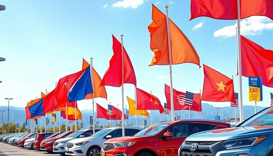 Car dealership with promotional flags and vehicles, emphasis on auto tariffs impact car prices.