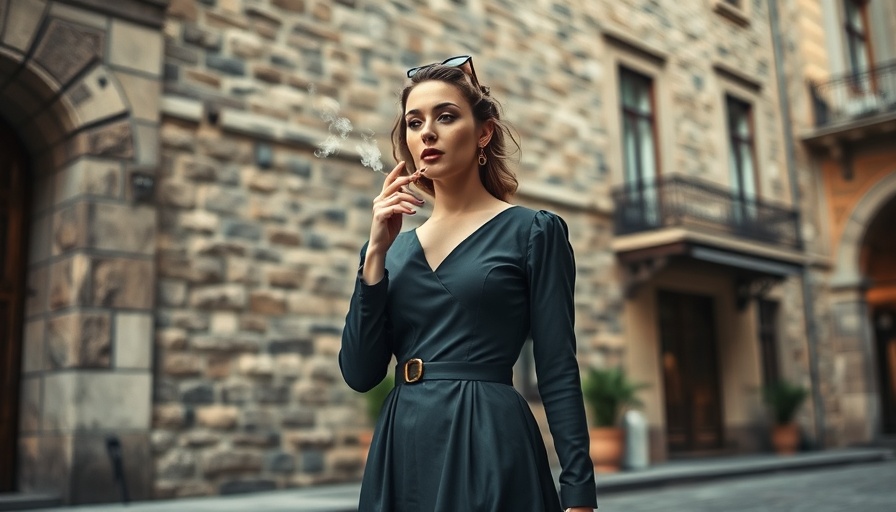Elegant woman in a vintage dress smoking on a city street.
