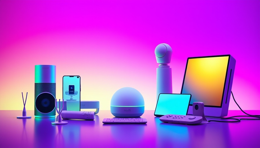 Sleek smart home technology devices on a vibrant background.