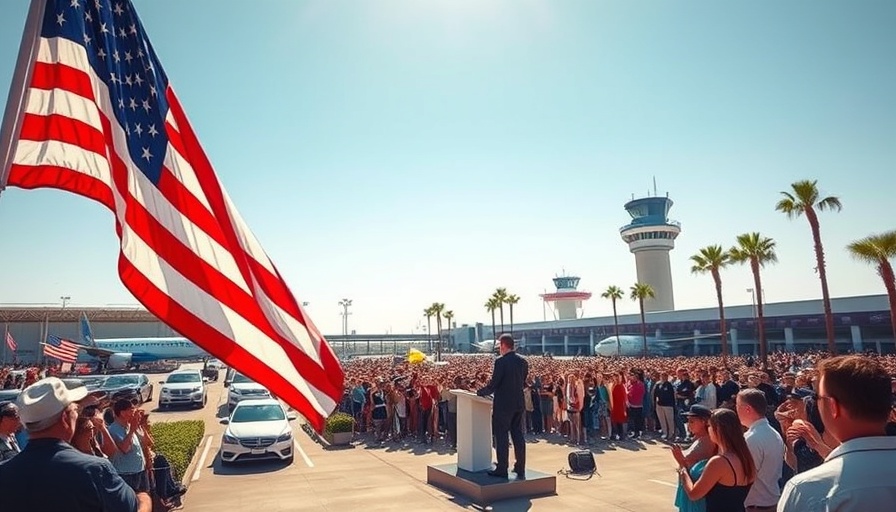 San Diego air traffic control overhaul event with American flag and speaker.