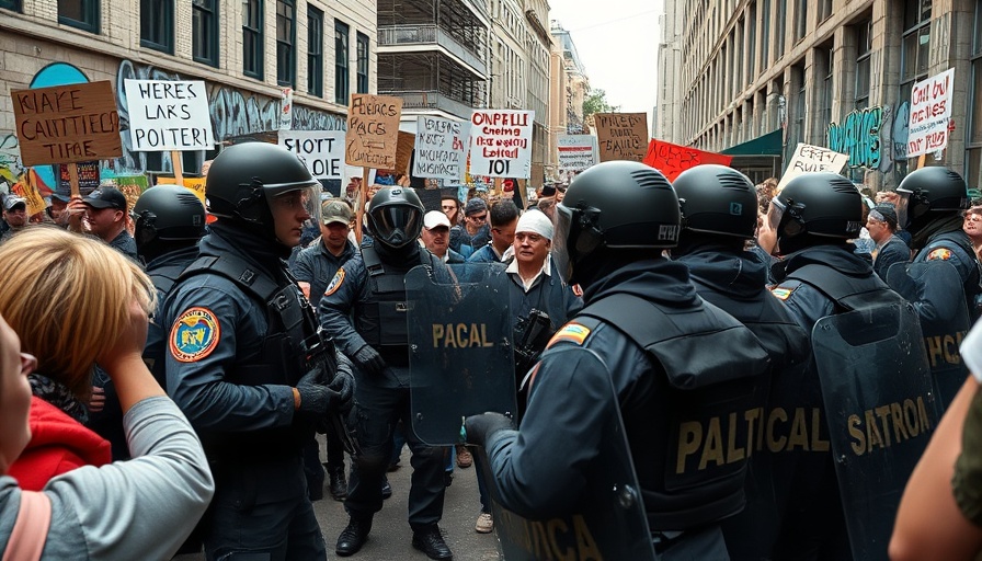 National Guard troops stay in LA as protestors hold signs.