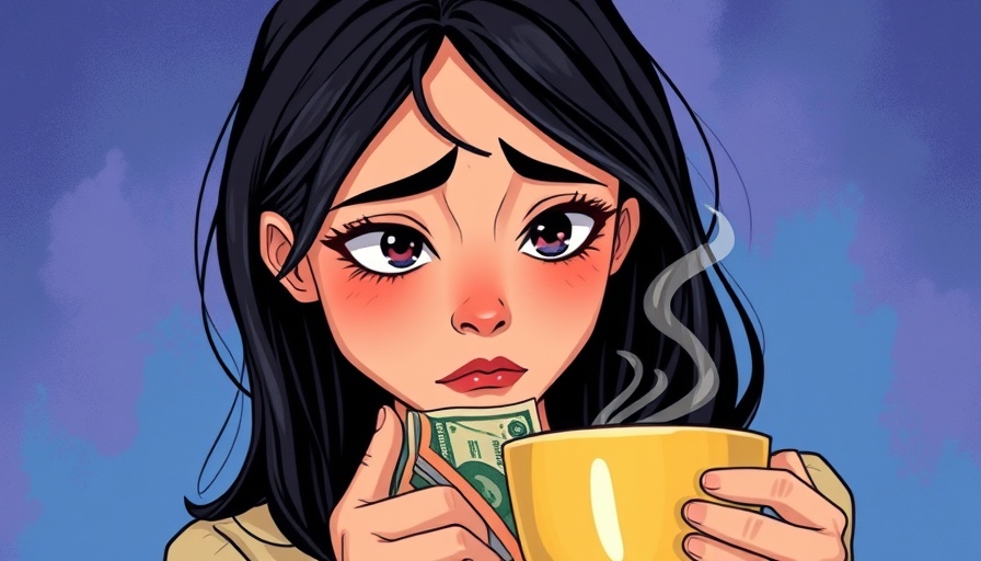 Distressed woman examining bills, cartoon style, abstract background.