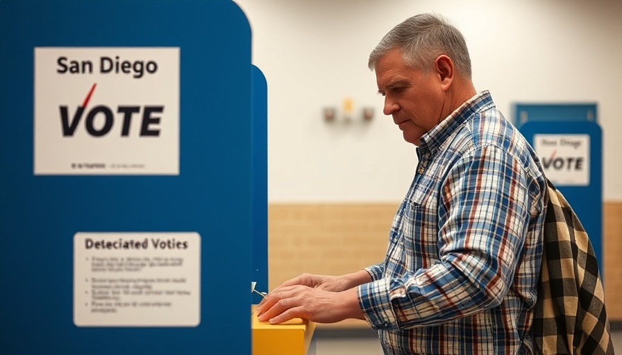 Voter casting ballot at San Diego voting center, blue booth.
