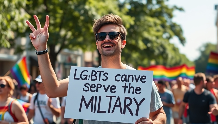 San Diego Pride attendee holding LGBT military sign at parade.