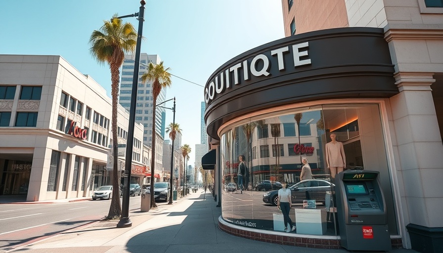 Corner boutique with mannequins and ATM in downtown Los Angeles, sunny day.